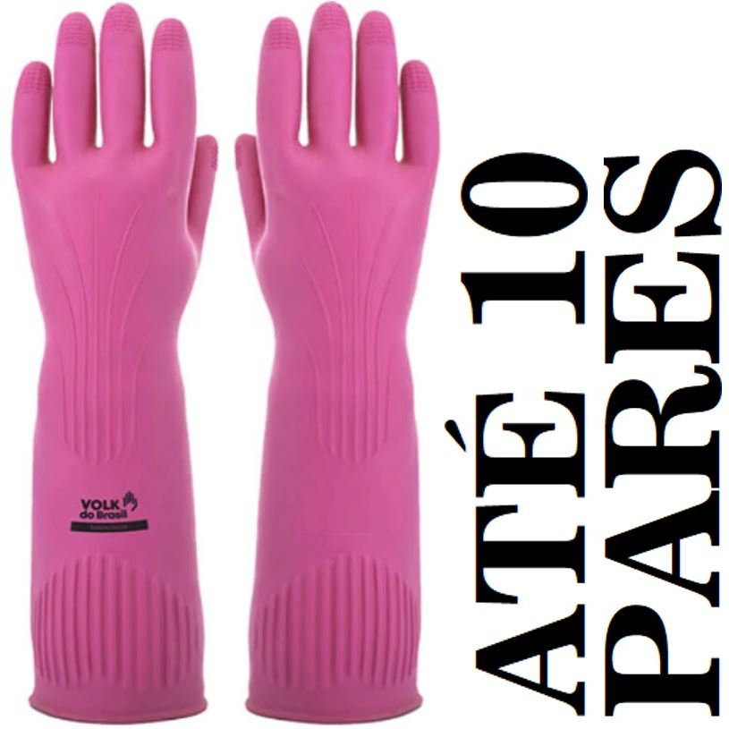 Kit até 10 Pares Luva Ranhurada Rosa Punho Longo Volk CA36368 - Limpeza Geral Pet Shop Lava Rápido
