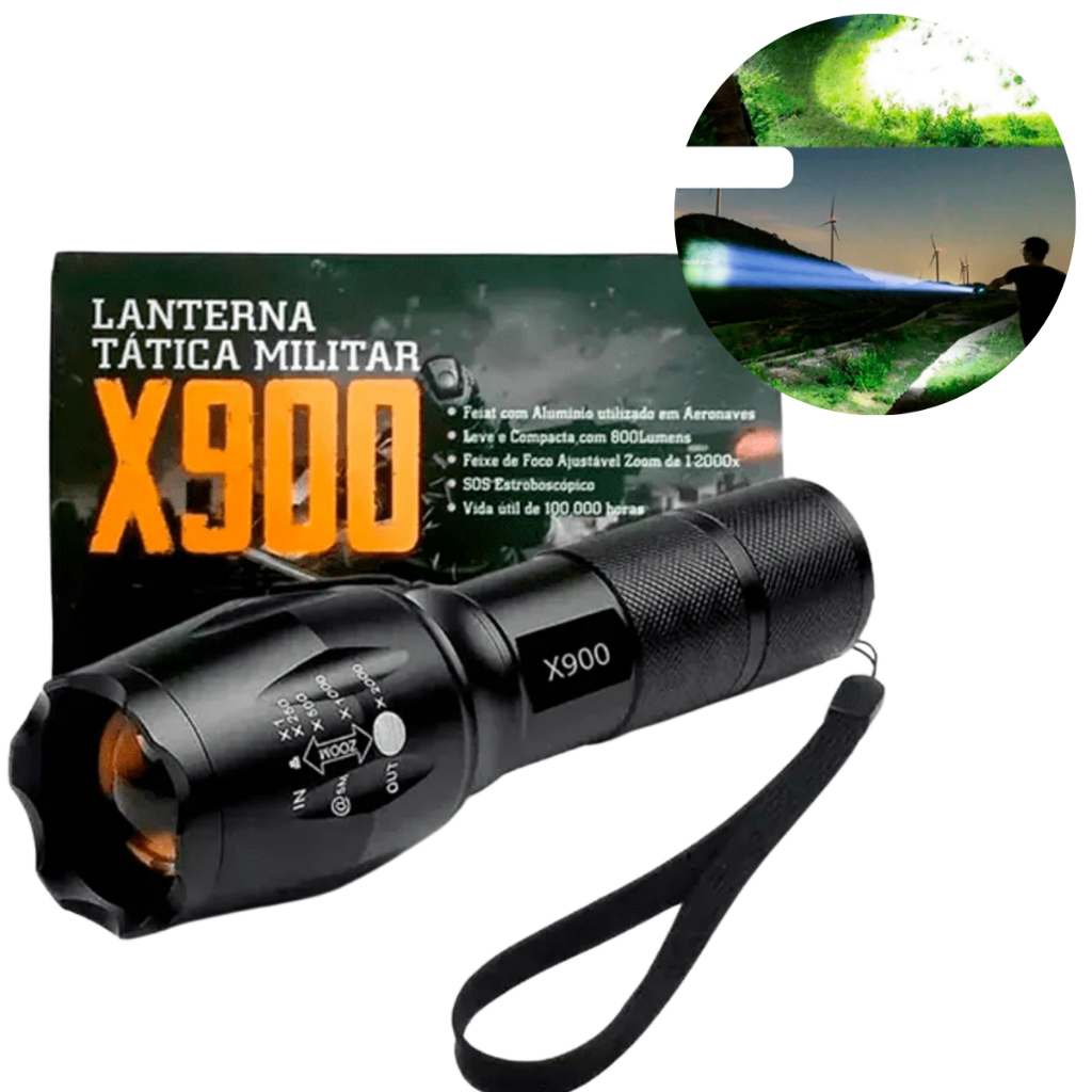 Lanterna Tática X900 LED Recarregável Potente Para Camping Pesca Segurança Com Estojo e Bateria