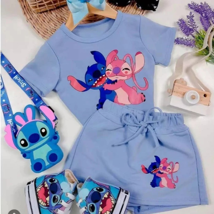 Conjunto Moda Infantil Stitch Menina Blusa + Short Saia 4-14 em Oferta na Shopee