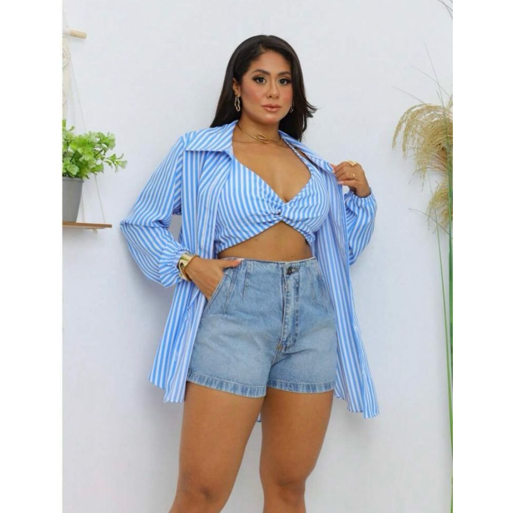 conjunto camisa listrada longa com cropped. camisa com cropped com bojo tecido viscose,  moda outono e inverno versatil.
