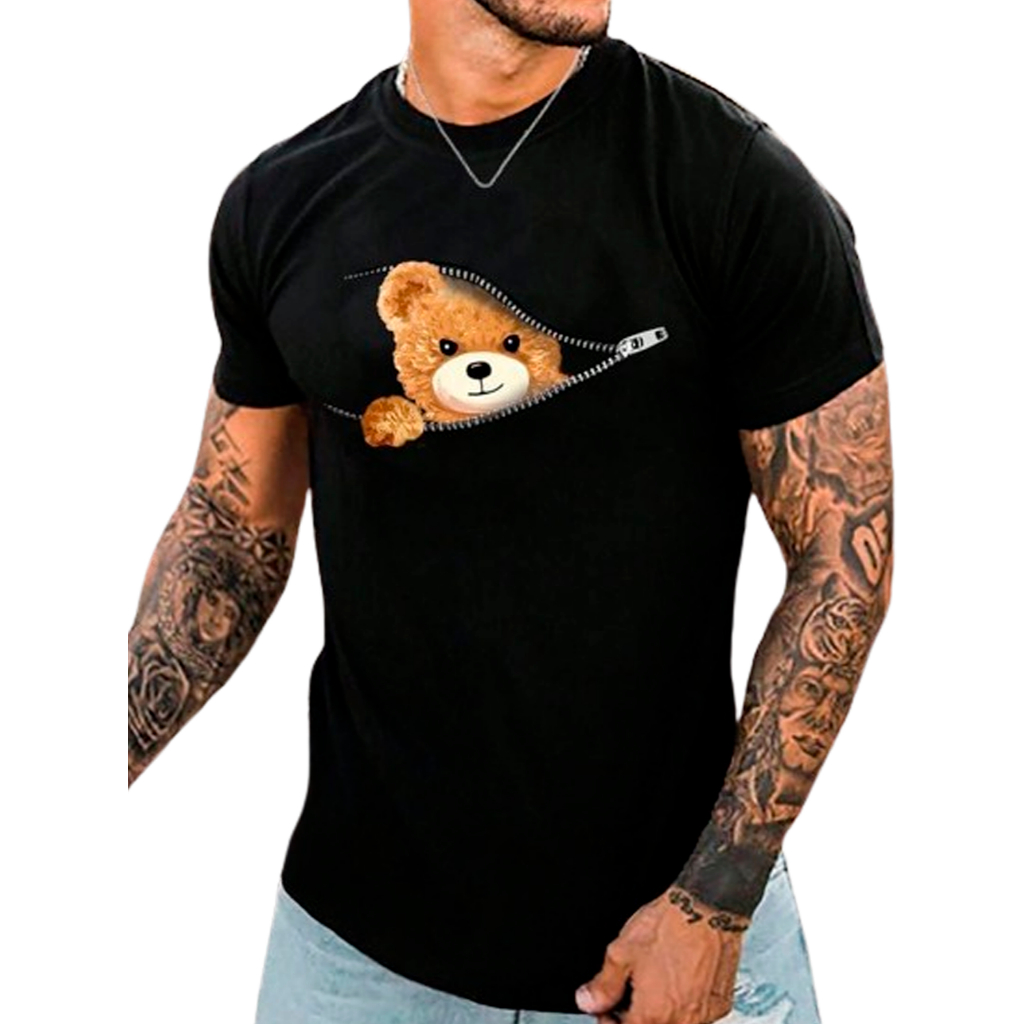 Camiseta Básica Masculina Slim T-SHIRT Algodão Urso Ziper Unissex Blusa