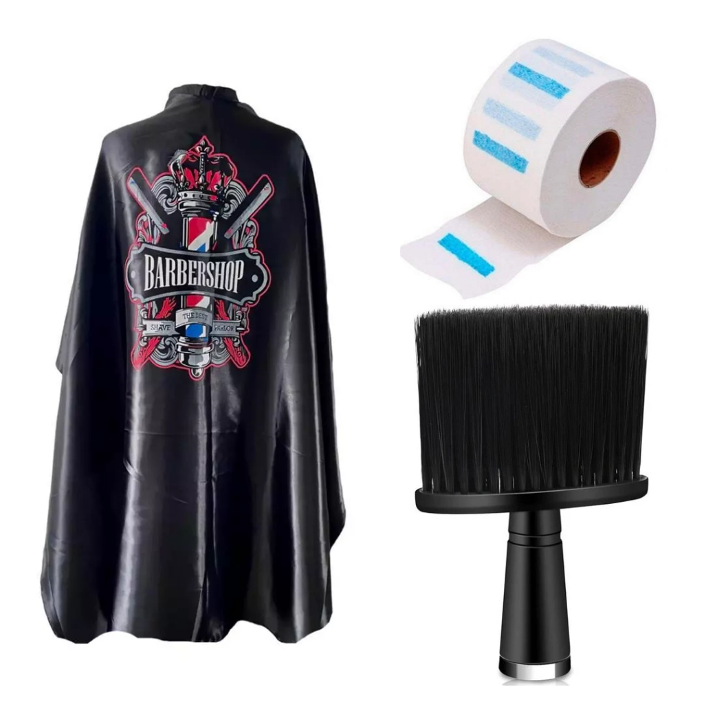 KIT PROMOCAO CAPA BARBERSHOP + ESPANADOR QUADRADO + GOLA + PENTE + ESPANADOR BOLINHA + ESCOVA DISFARCE