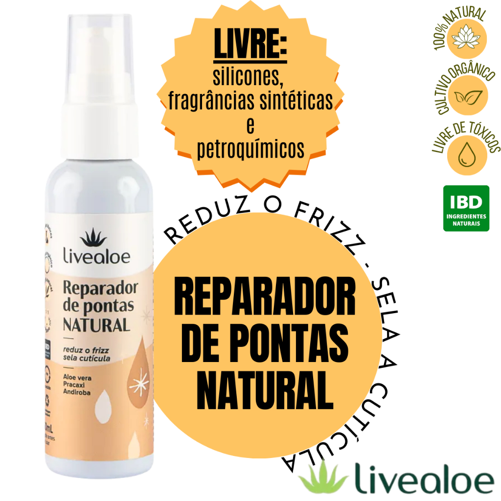 Óleo Reparador de Pontas Natural Livealoe 60ml | Sem Silicone | Cabelos Secos, Frizz e Pontas Duplas