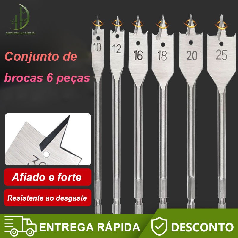 Jogo Broca Chata para Madeira com 6 Brocas Chatas para Madeira MDF Marcenaria