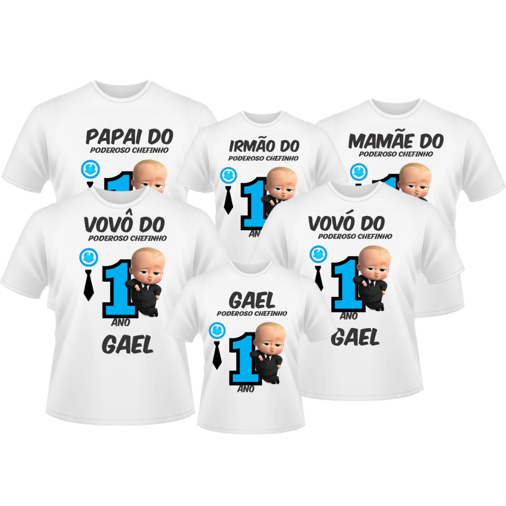 kit 6 Camisetas Personalizadas Aniversário Tema Poderoso Chefinho Plus Size Adulto e Infantil