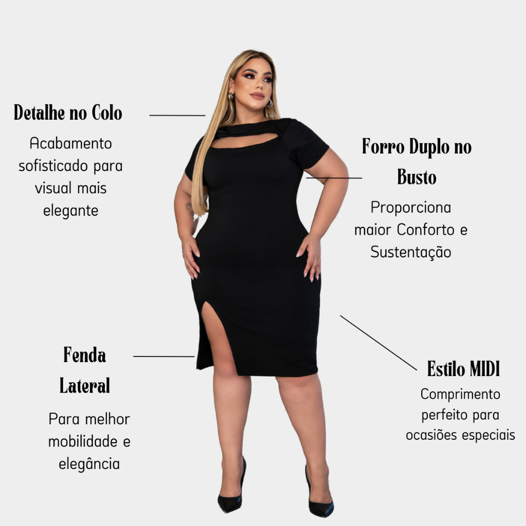 Vestido Plus Size com Fenda Lateral Modelador Acinturado Plus Size Disfarça Medidas Feminino GG a G4