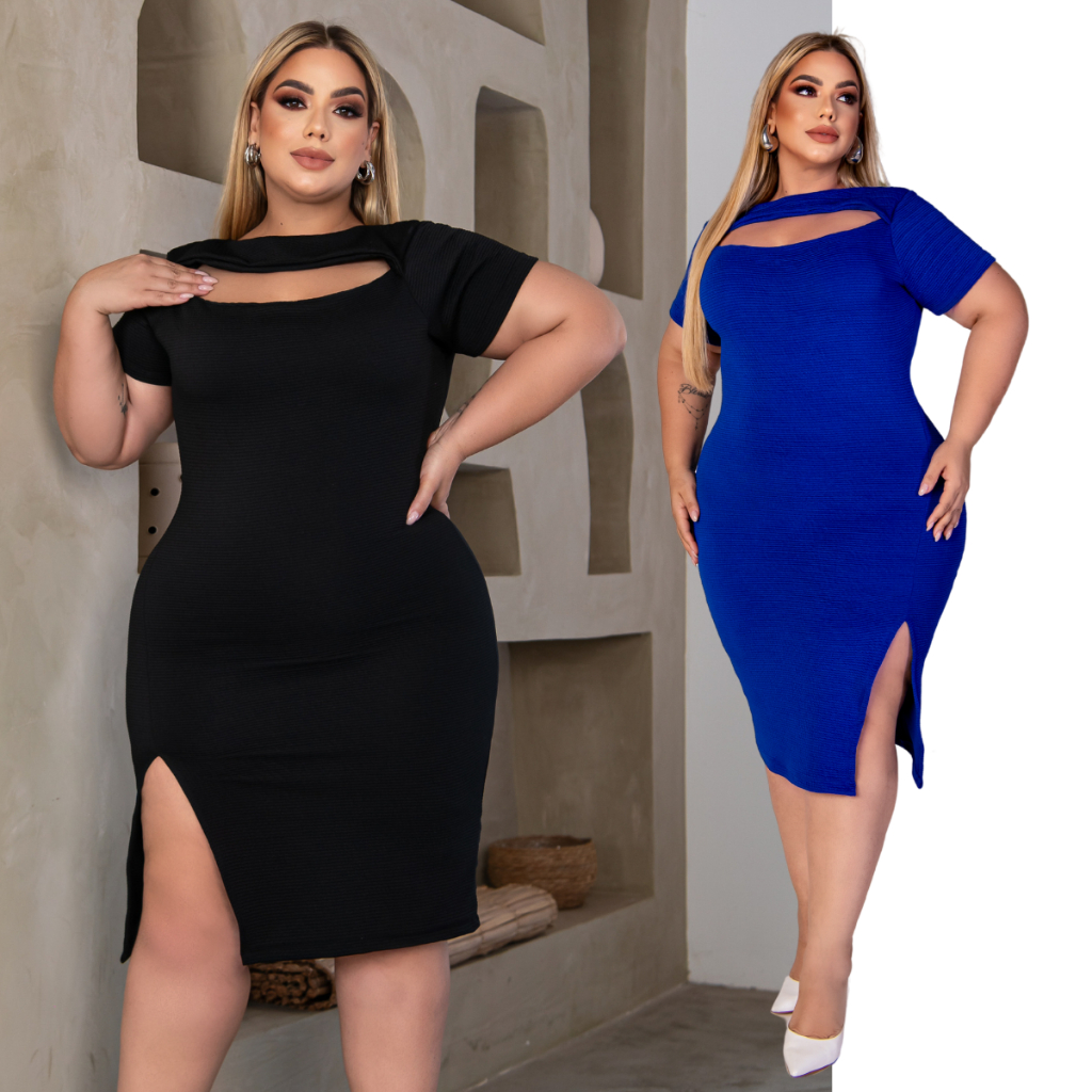 Vestido Plus Size com Fenda Lateral Modelador Acinturado Plus Size Disfarça Medidas Feminino GG a G4