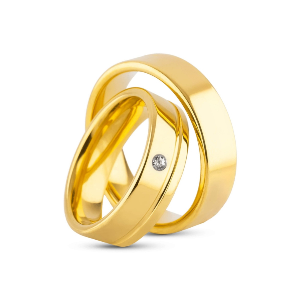 Par de Aliança Banhada a Ouro 24K Friso 1 Pedra 6mm Noivado Casamento - 3 anos de garantia