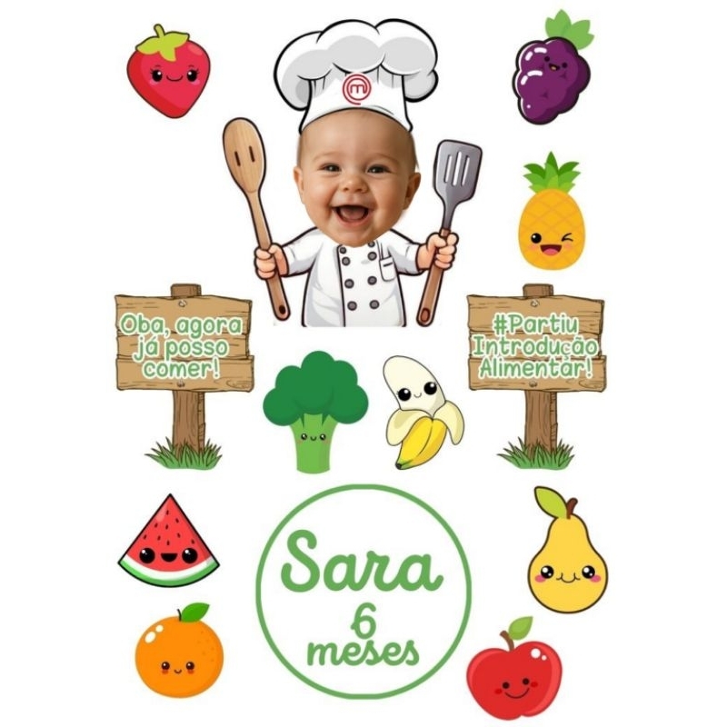 Topo de bolo Mêsversario MasterChef introdução alimentar com a carinha do seu bebê - Topper personalizado em Oferta na Shopee
