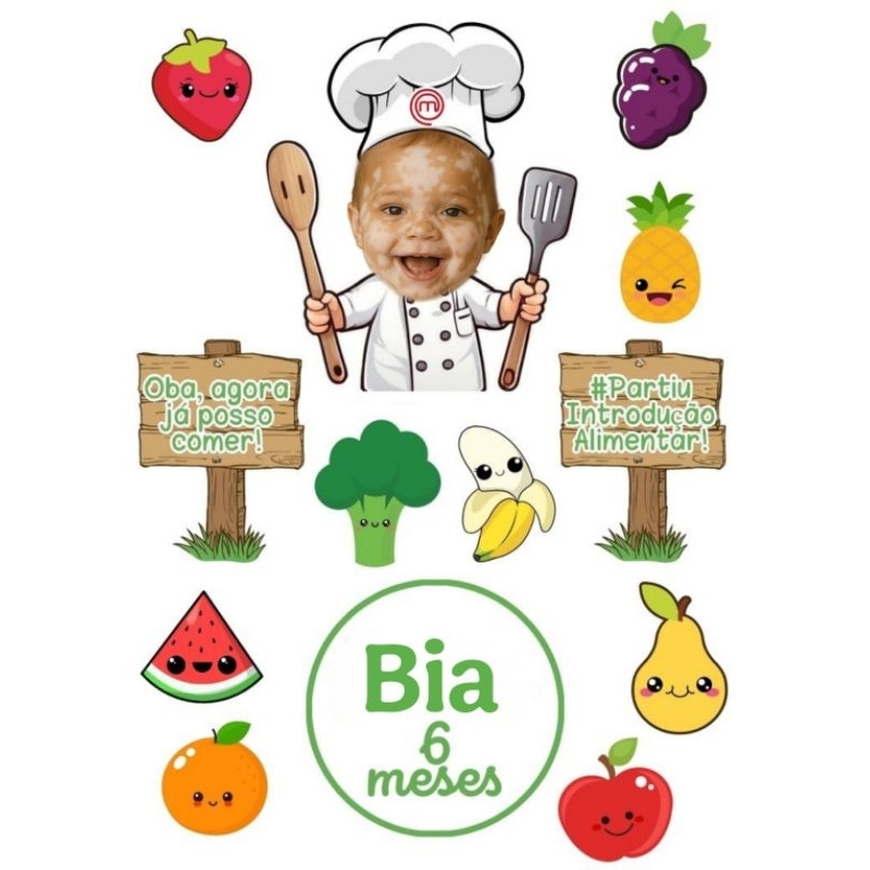 Topo de bolo Mêsversario MasterChef introdução alimentar com a carinha do seu bebê - Topper personalizado