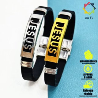 Pulseira Masculina Dourada com Detalhe de Jesus – Aço e Borracha, Ajustável e Resistente em Oferta na Shopee