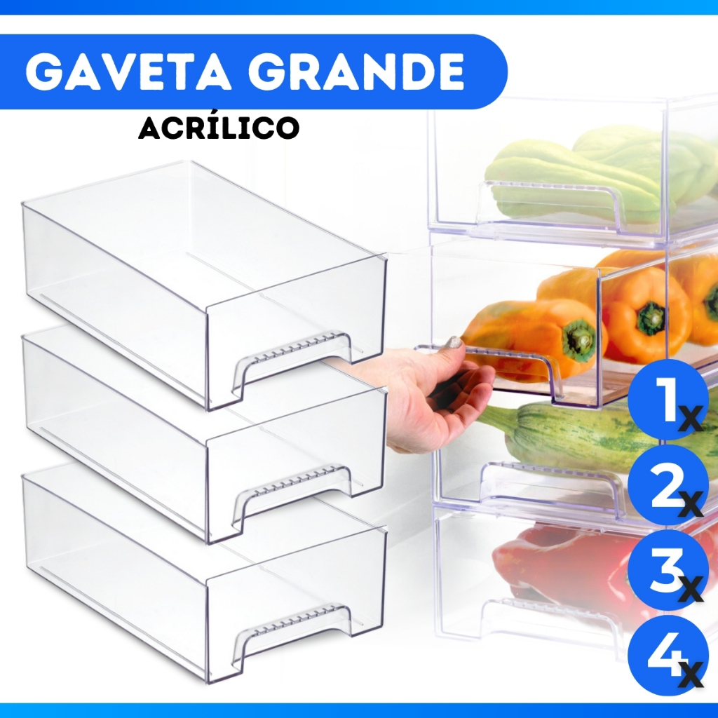Kit 4, 3, 2 ou 1 Organizador de Geladeira Transparente Gaveta Grande Multiuso de Acrílico