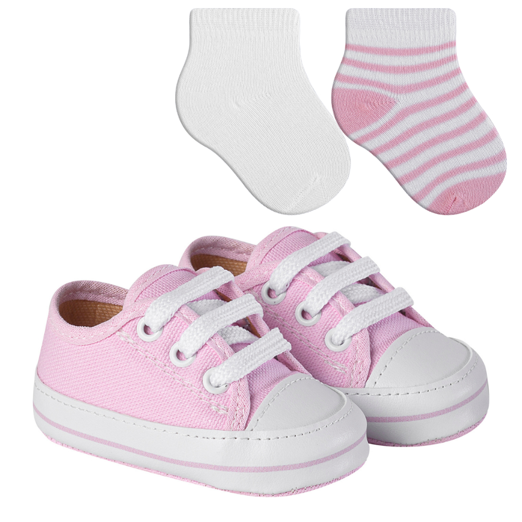 Kit 1 Tênis Sapatinho Infantil Bebê e 2 Pares de Meias Recém Nascido Presente Menino Menina Unissex em Oferta na Shopee