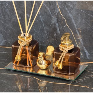 Kit Lavabo Dourado Pet 100ml Passaro Bandeja Decoração