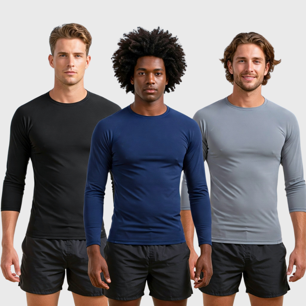 Kit com 3 Camisetas Masculinas Térmicas Uv Malha Fria Proteção Solar Moda Praia Natação Segunda Pele