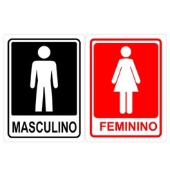 Kit Placas Sinalização Banheiro Feminino Masculino Sanitário PVC 20x15 cm Porta Autocolante