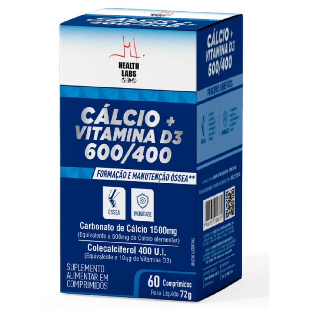 Cálcio D3 600 400 60 Cápsulas - HEALTH LABS Formação e Manutenção Óssea + Imunidade