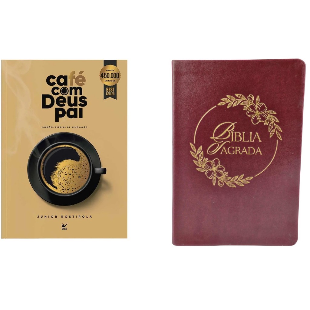 Kit Café com Deus Pai 2023 + Bíblia Sagrada NVI | Luxo Couro Soft Flexível | Flores Douradas