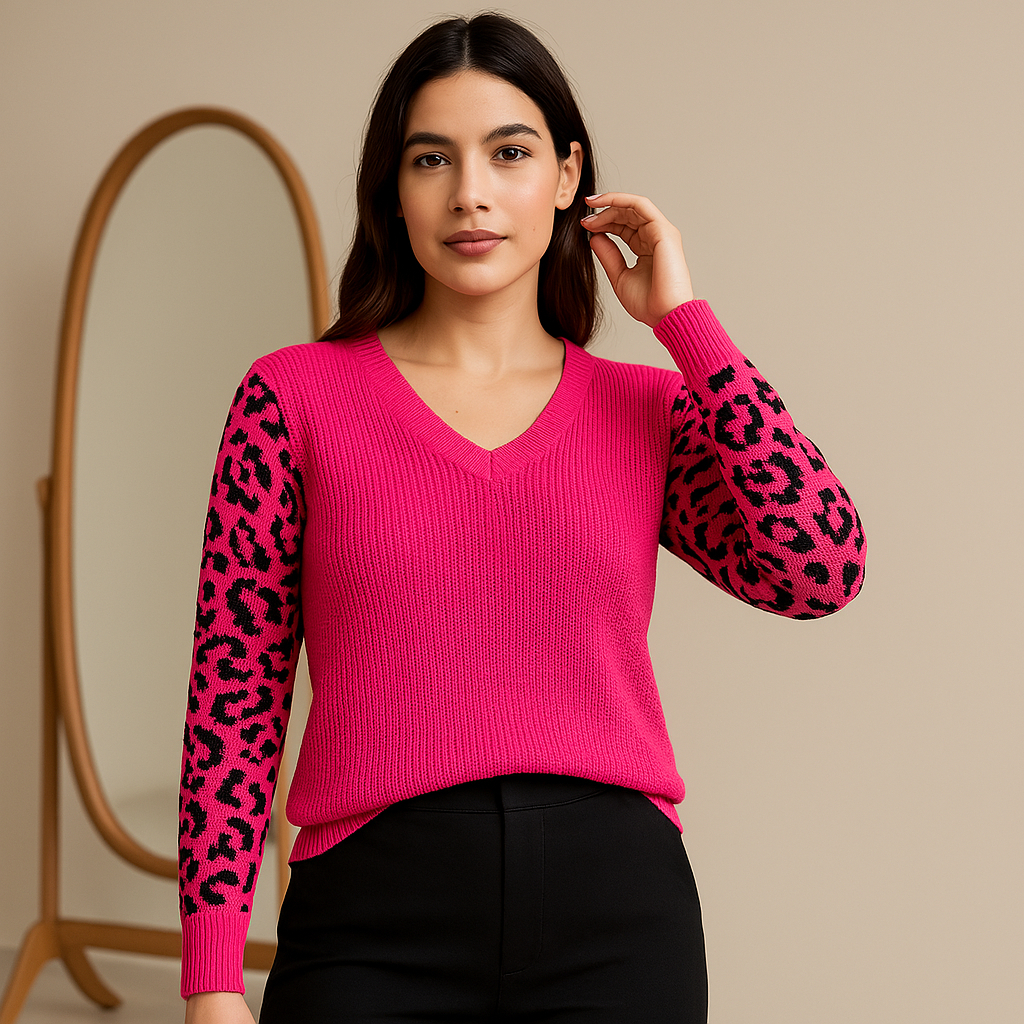 Blusa De Tricô Feminina Lisa Manga Longa Estampa Onça Básica Casual