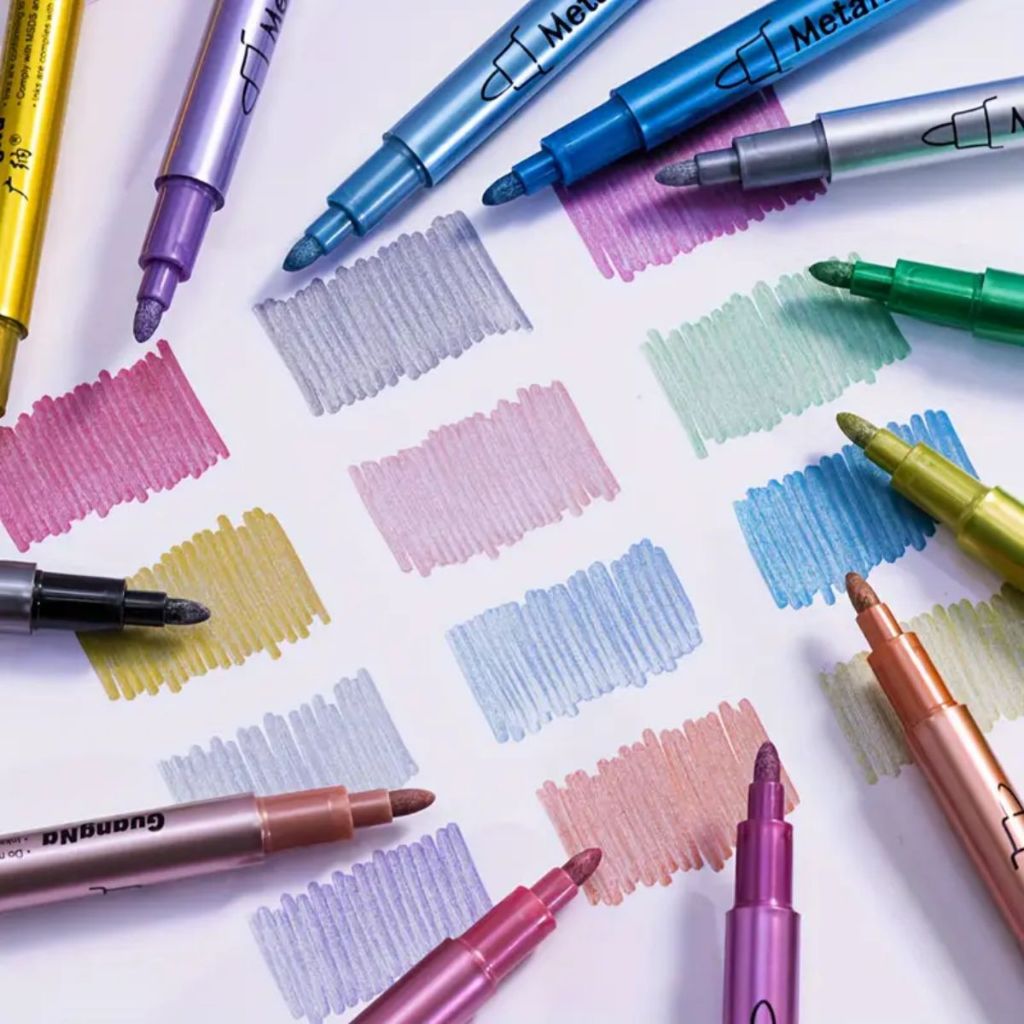 Marcador Caneta Metalizado Metálicos Colorir Escolar Lettering Escrever Papelaria Escritório em Oferta na Shopee