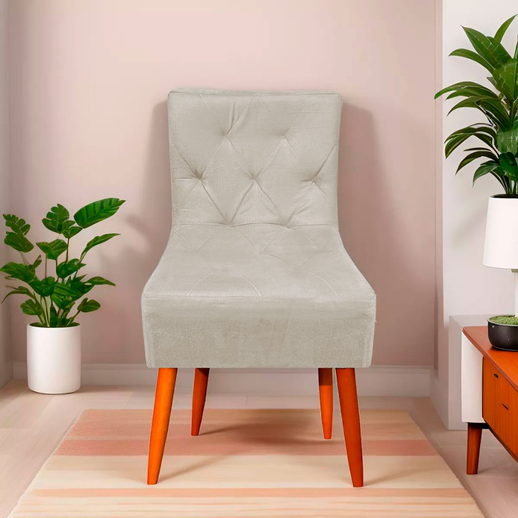 Cadeira Pés Palito Suede Bege Decoração Para Sala de Espera.