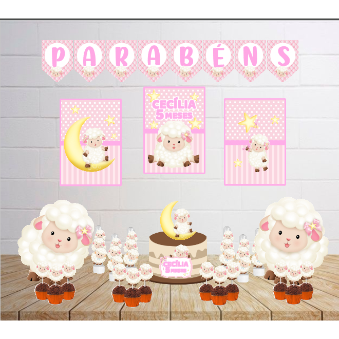 Kit Personalizado Festa Infantil Ovelinha Rosa Decoração Aniversário Mesversário Só Um Bolinho Lembrancinhas