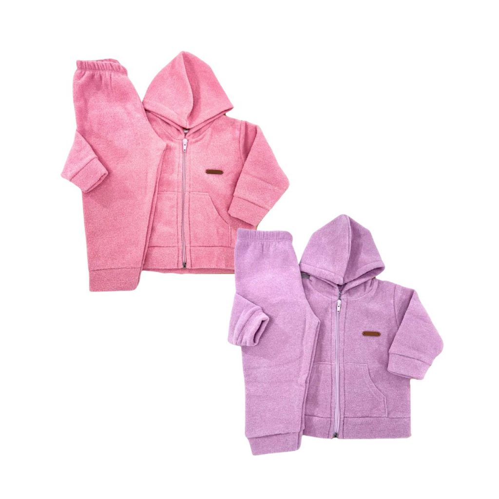 Kit 2 Conjuntos Jaqueta E Calça Agasalho Quentinho com Capuz e Zíper Básico Boucle Peluciado Inverno