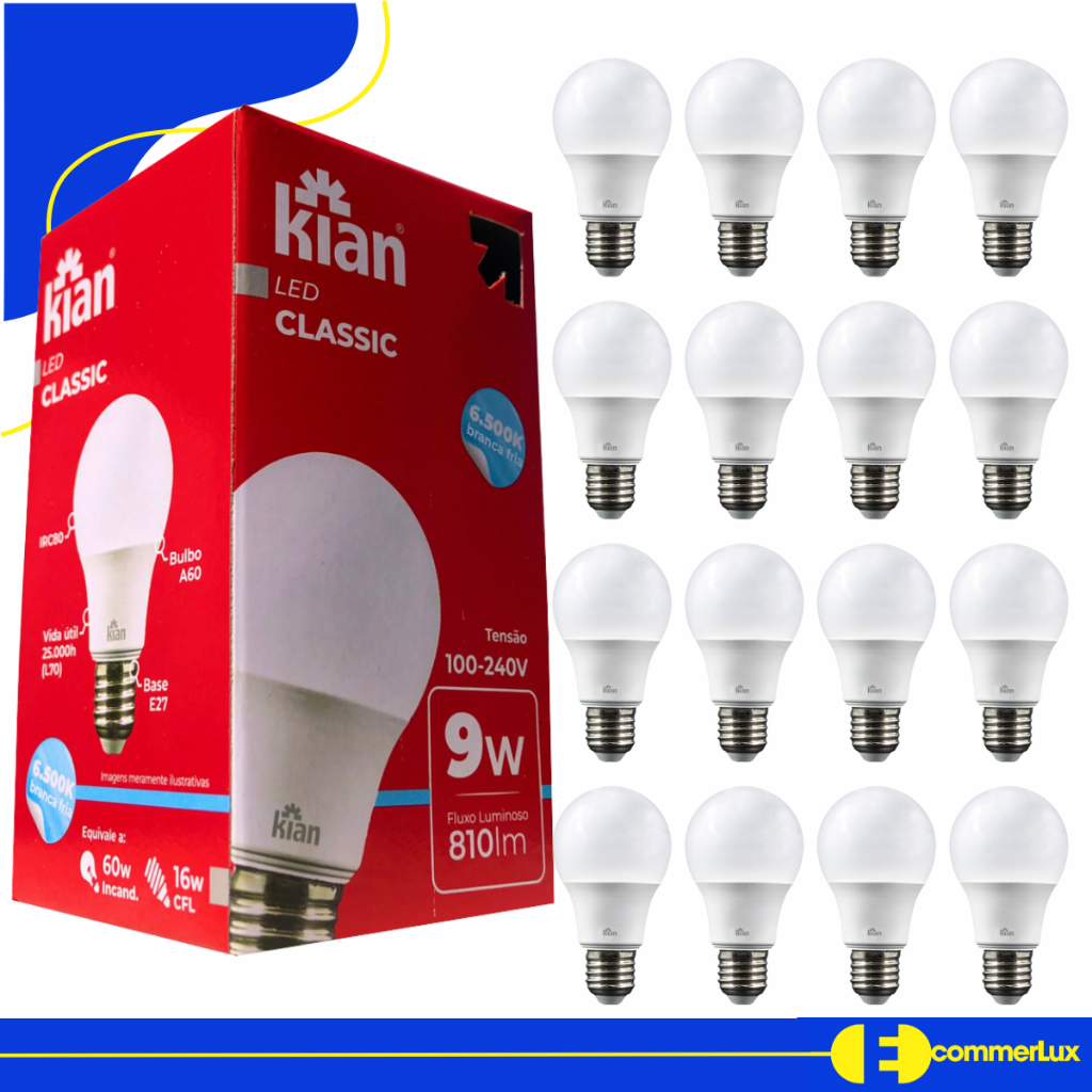 Kit 10 Kit 20 Lampada LED 9w Bivolt Bulbo Pera Kian Economica Luz Branca Fria 6500k