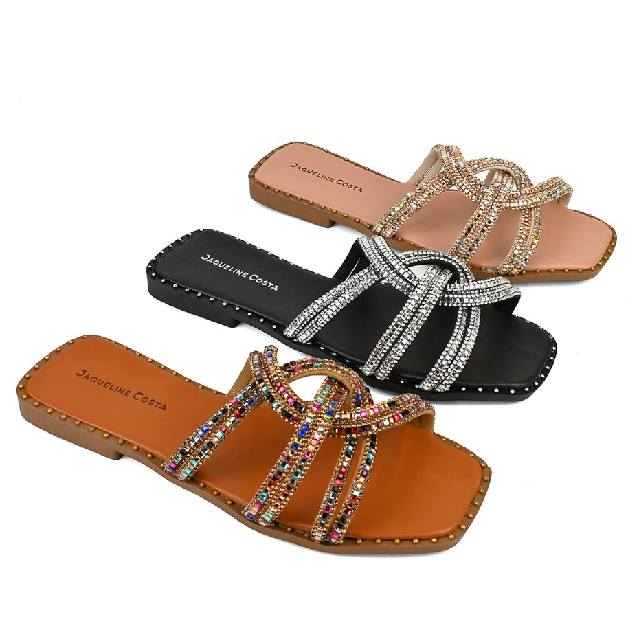 Sandália Feminina Rasteirinha Pedraria Brilho Colorido Flat Confortável Leve Rasteira Verão Hope