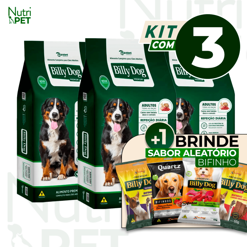 KIT 3Kg Ração Billy Dog Refeição Diária Adultos Carne Cereais Batata Doce