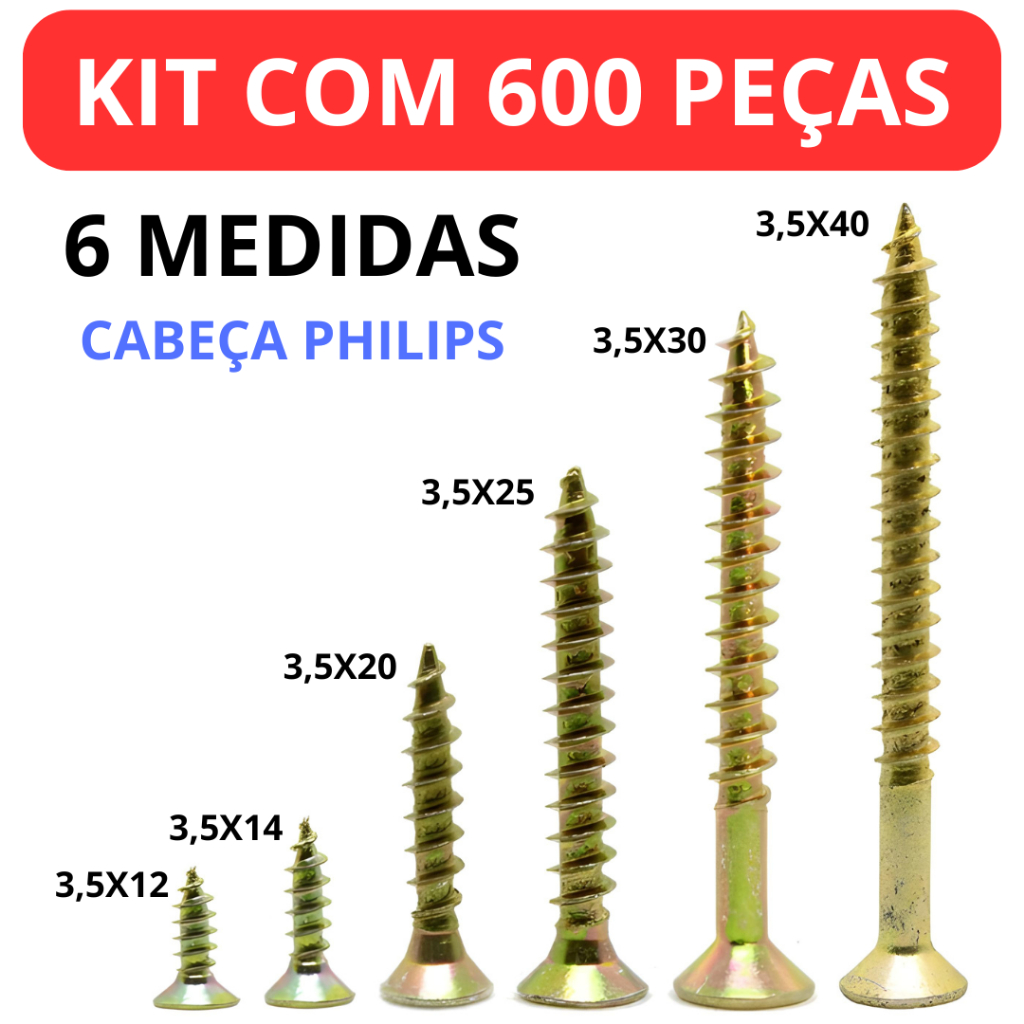Kit Parafuso para Madeira Chipboard Philips com 600 Parafusos para MDF Móveis 12,14,20,25,30 e 40mm