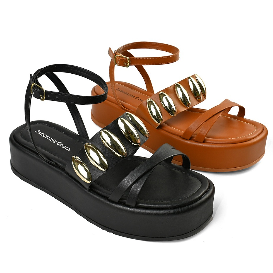 Sandália Feminina Flatform Enfeite ABS Dourado Anabela Flat Verão Tendência Confortável Moda Hope