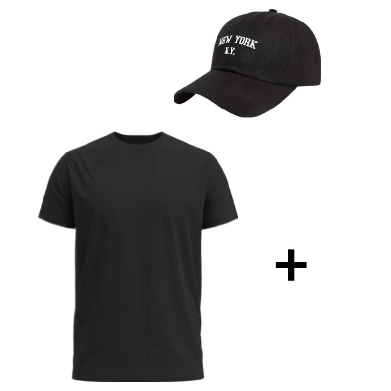 Kit Com Boné New York Retro+Camiseta Lisa Bone Aba Curva  Beisebol Algodão Básico Fitão