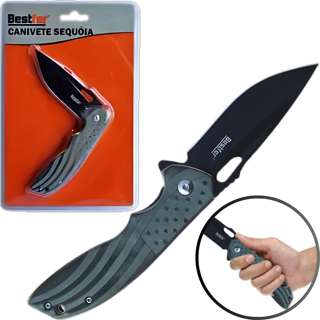Canivete Sequóia Inox 19,5 Cm Tático Com Trava Para Camping e Cortes Profissional Bestfer