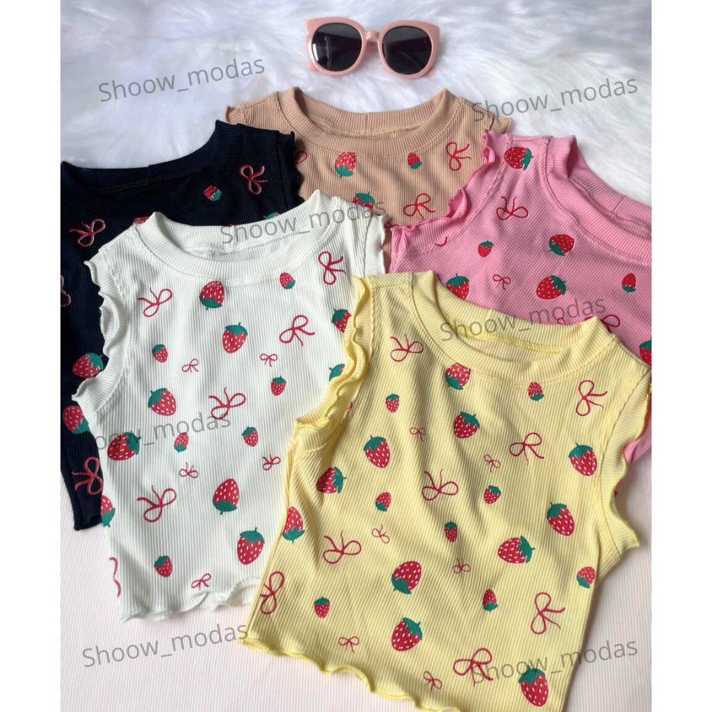 Regata Infantil Canelado com estampa Moranguinho - Moda Blogueira em Oferta na Shopee