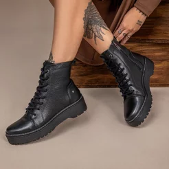 Bota Coturno Feminino Vittal Couro Legítimo Laura Confortável Fechamento Cadarço