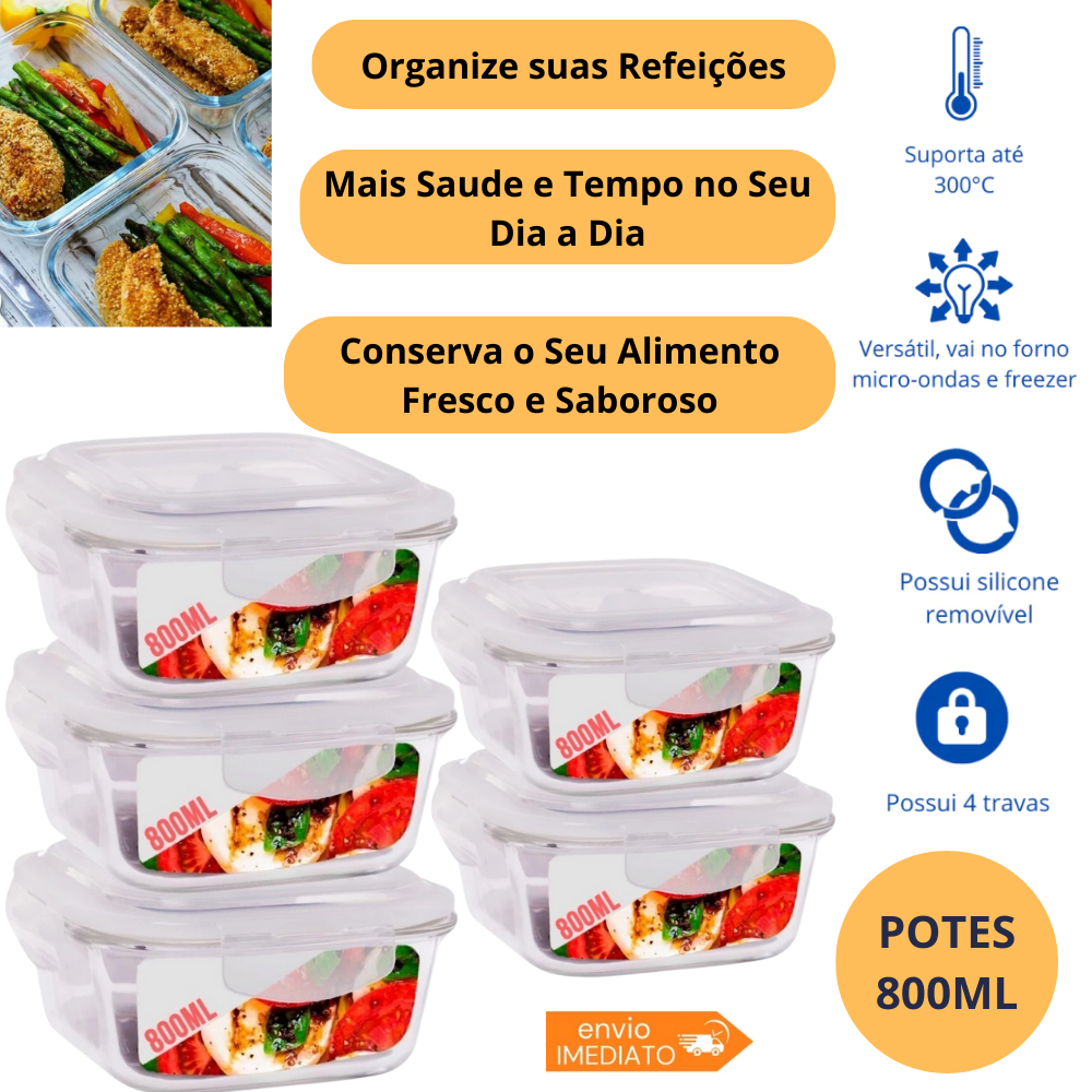 KIT Potes Hermetico Vidro Marmita Fitness Organização geladeira Tampa 4 Trava Hermético