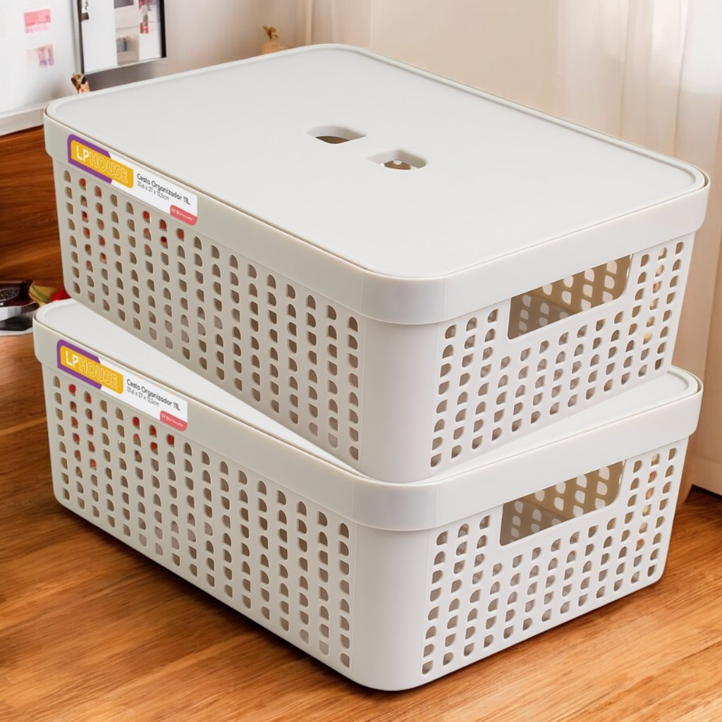 Kit 2 Caixas Organizadoras com Tampa de 11 Litros  Cestos Grandes em Plástico Resistente -...