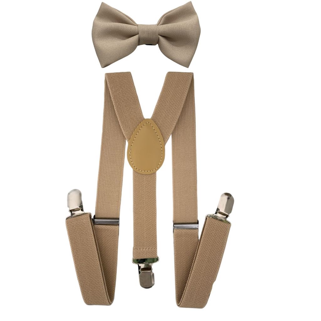 Kit Suspensório Bege com Gravata Borboleta Fosca Adulto Para Padrinhos de Casamento