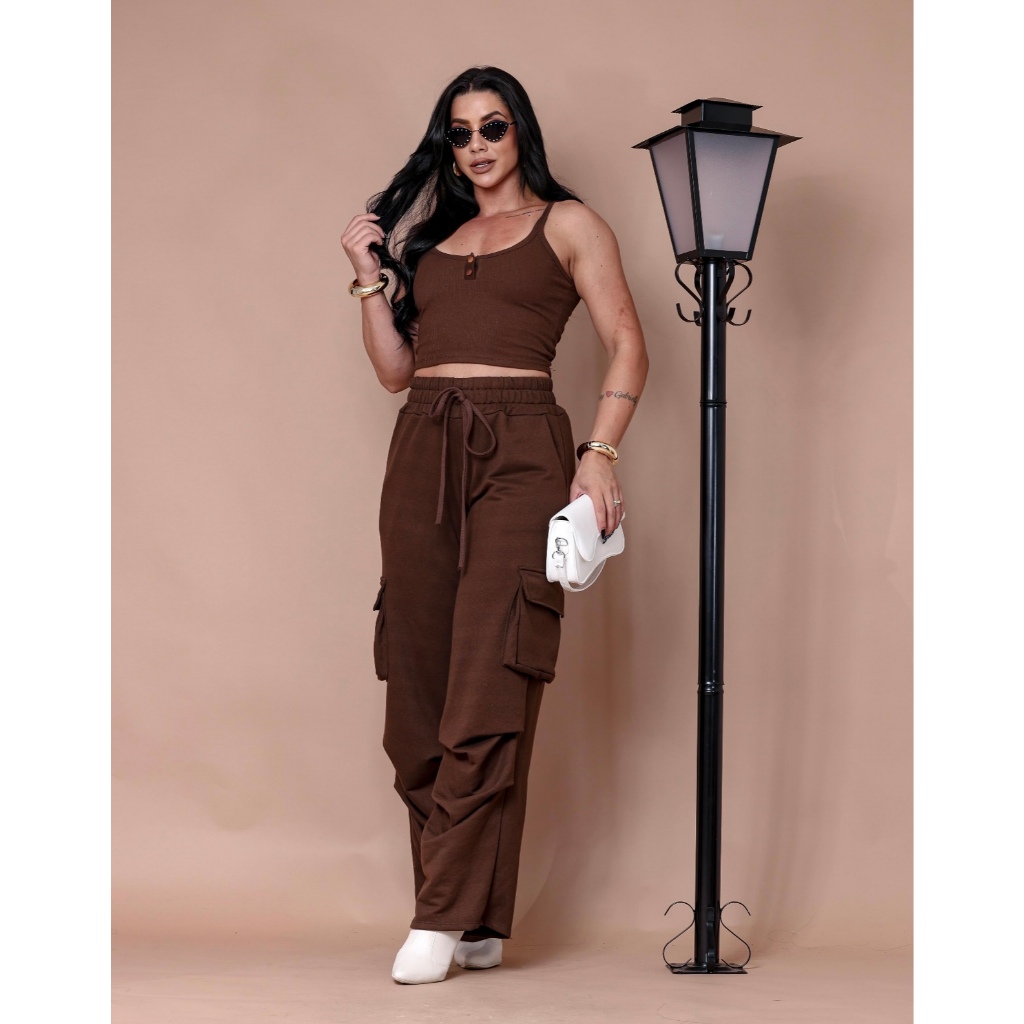 Conjunto Moletinho Cargo Com Cropped Alcinha Regata