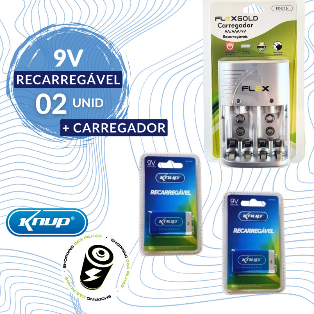 Kit 2 Bateria Recarregáv 9v + Carreg Bateria Pilha Aa/aaa/9v