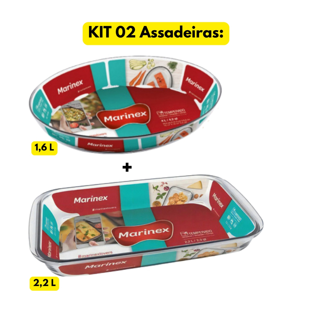 Jogo Kit 02 Assadeiras Lasanheira Vidro Marinex Retangular 2,2L + Oval 1,6L Travessa Refratário em Oferta na Shopee
