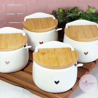 Saleiro de Porcelana -  tampa de Bambu - Minimalista - ACOMPANHA COLHER
