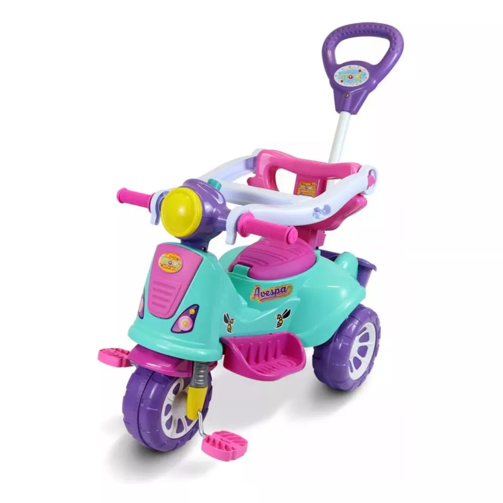 Triciclo Infantil Com Haste E Barra De Proteção Avespa Motoca com Pedal Apoio de Pé e Haste Empurrador Infantil Maral — imagem 1