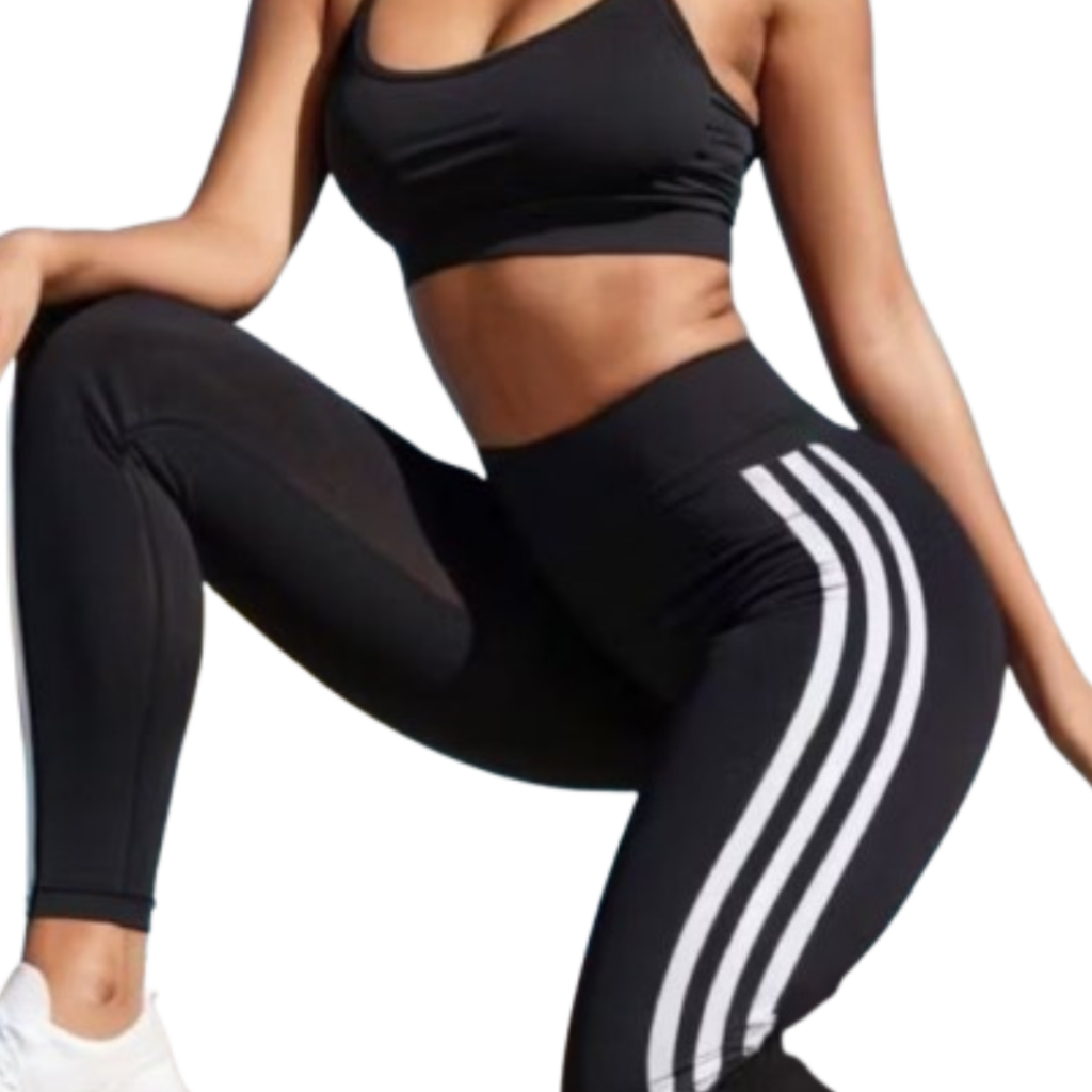 Legging Fitness Academia Preta com Listras Brancas Laterais – Estilo e Conforto para Seus Treinos
