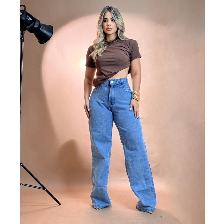 Calça Wide Leg Jeans Azul Lisa Feminina Cintura Alta 100% Jeans Sem Lycra 36 ao 46 Levanta Bumbum Estilosa Calça Premium