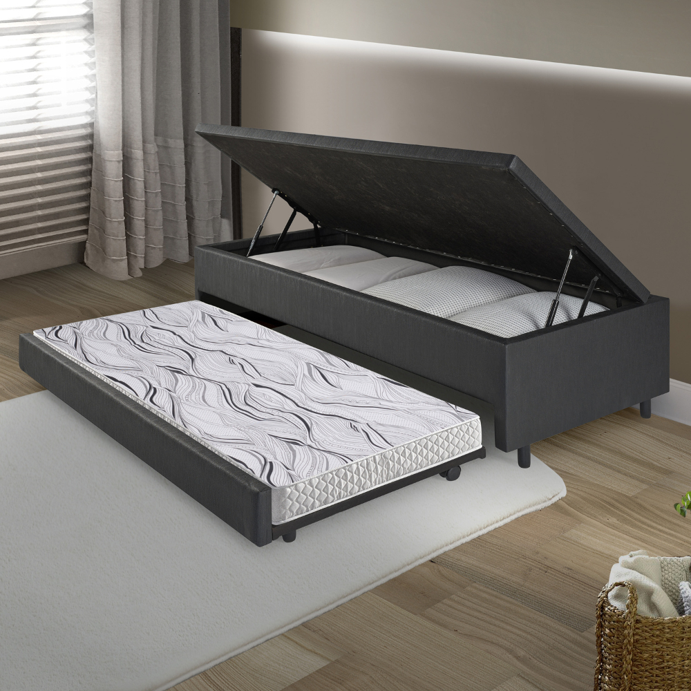 Bicama Box com Baú Solteiro Courino Linho Preto 88x188 com Colchão Auxiliar Ecoflex