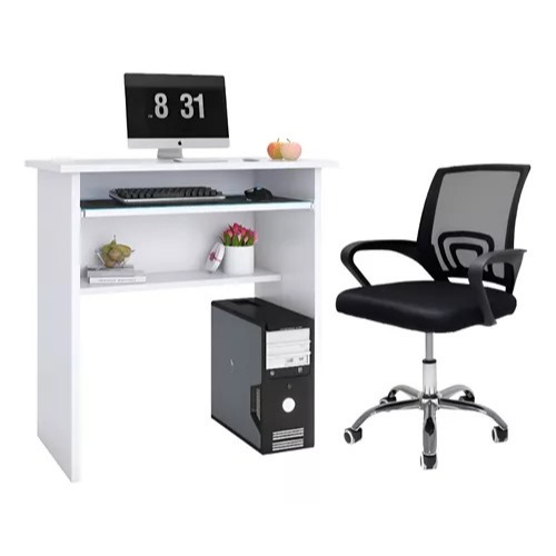 Mesa De Escritório Home Office Branca 75x60 Com Cadeira Mesh Para Escritório
