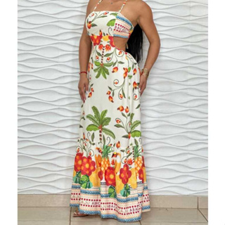 vestido longo  estampado   com alcas duna premium em Oferta na Shopee