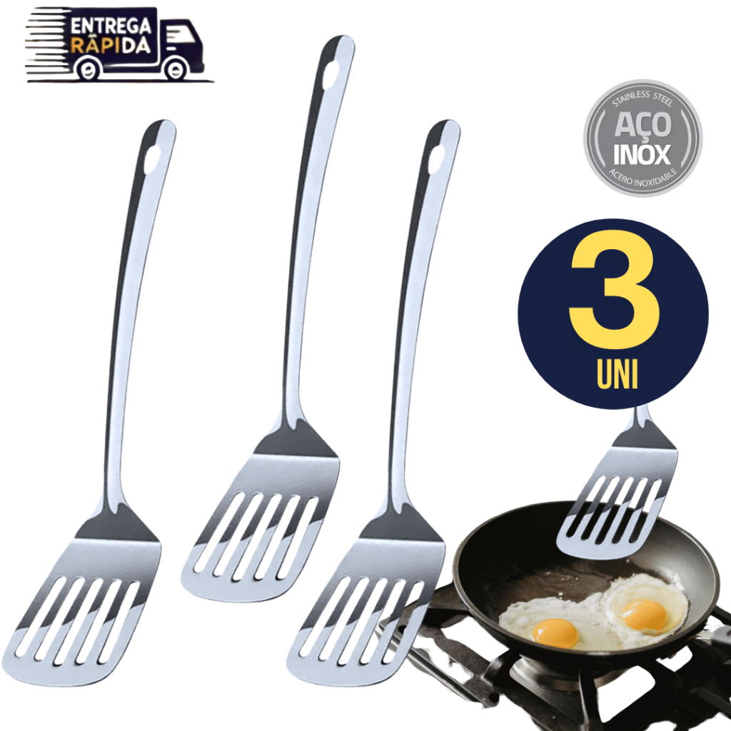 Kit Conjunto 03 Espátula Vazada De Aço Inox 25,8CM Para Cozinha Variáves Utilidades Prática E Fácil De Se Usar